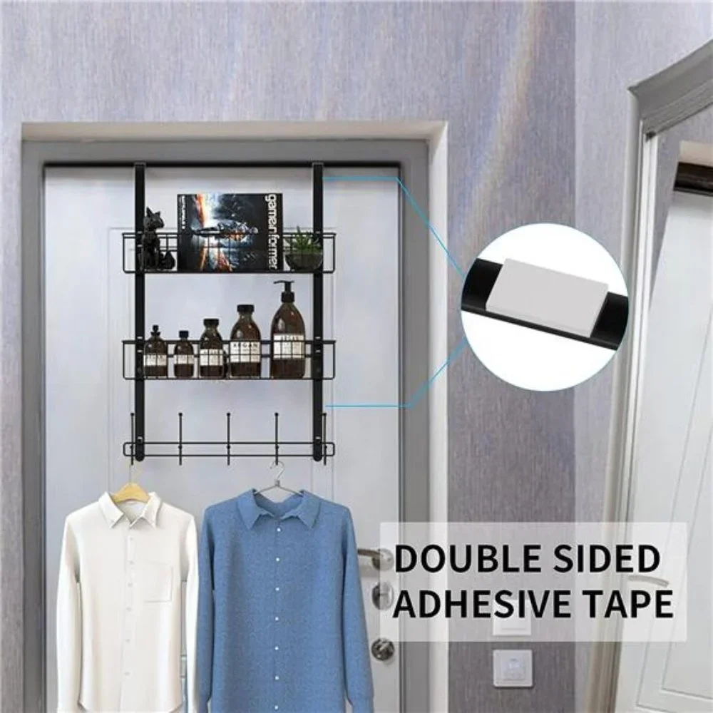 Over The Door Hooks, Door Hanger Towel Rack with 5 Coat Hooks & 2 Mesh Basket
